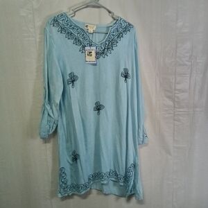 BEACH by Exist Embroidered Cover Up Dress Light Blue Roll Tab Sleeve Size L NWT